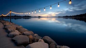 Serene lakeside view with glowing lights and rocky shoreline at twilight. photo