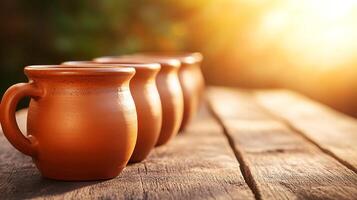 Four rustic clay mugs lined up on a wooden table under soft sunlight. photo