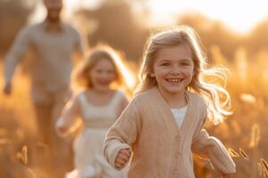 Happy Little Girl Running in a Field at Sunset photo
