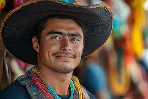 Handsome Hispanic Man in Traditional Sombrero and Scarf Colorful Background photo