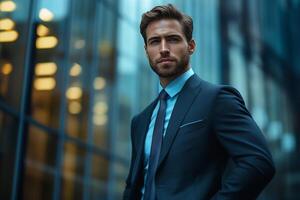 Confident career-oriented professional standing amidst skyscrapers in business district, ambition photo