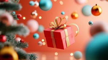 Festive illustration of red Christmas gifts wrapped in gold ribbons under a tree on a red background, with colorful ornaments and decorations floating in the air for a joyful holiday scene photo