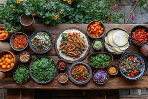 Delicious Mexican Taco Bar Feast Overhead Shot of Colorful Ingredients and Tortillas photo