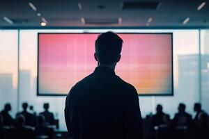 Engaging speaker presenting innovative ideas at a professional conference, inspiring colleagues with insightful discussion and effective communication skills, fostering collaboration and networking photo