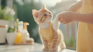 Adorable ginger kitten assisting owner with cleaning, sitting on the table wearing a yellow apron, creating a charming and inviting atmosphere in a pastel color palette photo