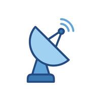 Blue satellite dish transmitting signal in space vector
