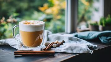 Warm Autumnal Latte with Cinnamon and Sugar Cozy Window View photo