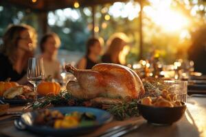 Roasted Turkey Thanksgiving Dinner Table Setting with Friends photo