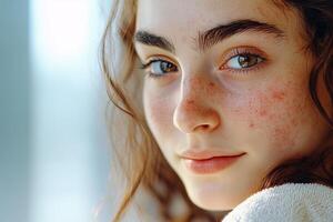 Close-up of a teenage girl with troubled skin and a sad expression, highlighting the challenges of adolescence and the importance of self-acceptance photo
