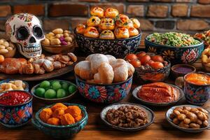 Day of the Dead Festive Food Table with Sugar Skulls Breads and Traditional Treats photo
