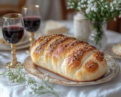 Elegant feast table adorned with a freshly baked loaf and wine glasses, inviting warmth and comfort for a culinary gathering photo