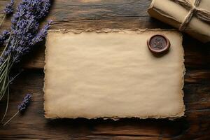 Lavender and herbs arranged on rustic parchment with wax seal on weathered wooden table photo