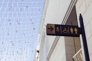 Directional sign indicating restrooms and accessibility features in public space photo