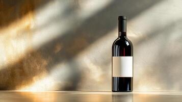 Wine bottle with blank white label on wall background, illuminated angled light beams, copy space photo