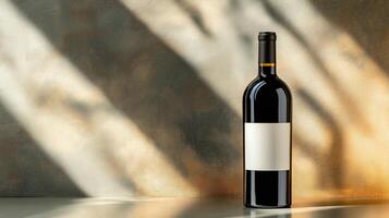 Red wine bottle with blank label on wall background, illuminated light beams, copy space photo