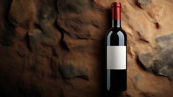 Wine bottle with blank white label and red cap on textured stone background, copy space photo