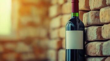 Red wine bottle with blank white label stands next to stone wall, with copy space photo