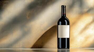 Red wine bottle with blank white label on wall background, illuminated light beams, with copy space photo