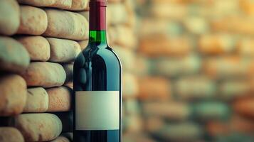 Bottle of red wine with white label stands next to stone wall, copy space photo