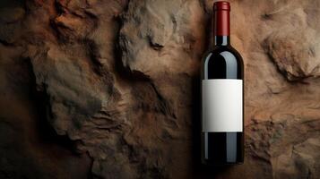 Wine bottle with blank white label and red cap on textured stone surface, with copy space photo