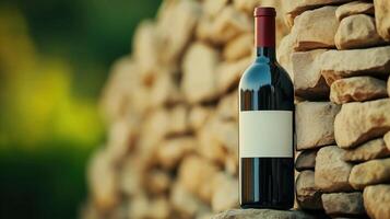 Red wine bottle with blank label stands next to stone wall, copy space photo