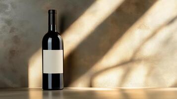 Wine bottle with blank white label on wall background, illuminated light beams, with copy space photo
