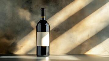 Wine bottle with blank label on wall background, illuminated light beams, with copy space photo