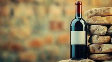 Red wine bottle with blank white label stands on stone wall background, copy space photo