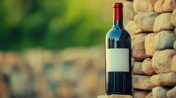 Red wine bottle with blank label stands next to stone wall on nature background, copy space photo