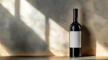 Wine bottle with blank label on textured wall background, illuminated angled light beams photo