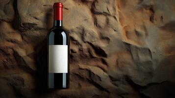 Wine bottle with blank white label and red cap on textured stone background, with copy space photo