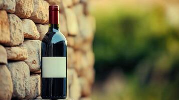 Bottle of wine with blank white label stands next to stone wall, copy space photo