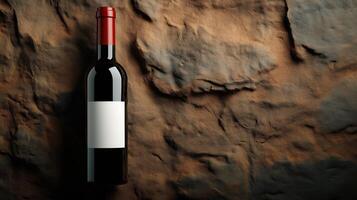 Wine bottle with blank white label and red cap on textured stone surface, copy space photo
