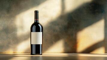 Wine bottle with white label on textured wall background, illuminated angled light beams photo