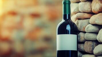 Red wine bottle with blank white label stands on stone wall background, with copy space photo