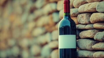 Wine bottle with blank white label stands next to stone wall, with copy space photo