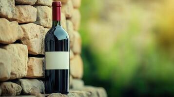 Bottle of wine with blank white label stands next to stone wall, with copy space photo
