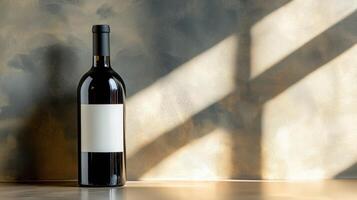 Red wine bottle with blank white label on textured wall background, illuminated angled light beams photo