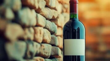 Red wine bottle with blank white label stands on stone wall background photo