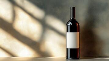 Red wine bottle with blank white label on wall background, illuminated light beams, copy space photo
