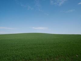 A beautifully serene green landscape featuring a vibrant clear blue sky, perfect for various naturethemed projects photo
