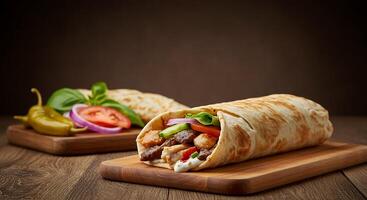 Tantalizing Shawarma Roll Featuring Fresh Ingredients and Lush Background photo