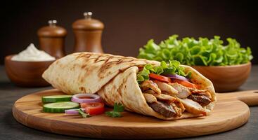 Delicious Shawarma Roll Wrapped in Pita Bread with Fresh Vegetables photo