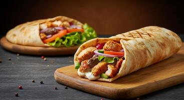 Photorealistic Shawarma Roll Bursting with Flavorful Meats and Greens photo