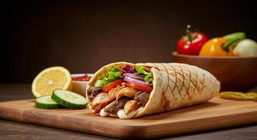 Appetizing Shawarma Roll Wrapped in Pita with Beef and Chicken photo