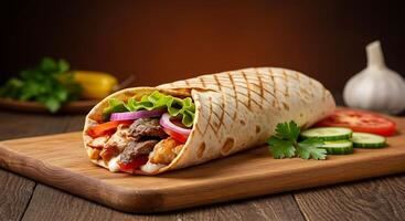 High-Resolution Shawarma Roll with Tender Meat and Crisp Vegetables photo
