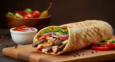 High-Resolution Shawarma Roll in Pita with Fresh Garnishes photo