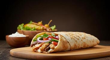 Soft Pita Bread Hugging a Delicious Shawarma Roll Inside photo