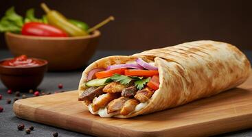 Tasty Shawarma Roll Wrapped in Soft Pita with Lush Background photo