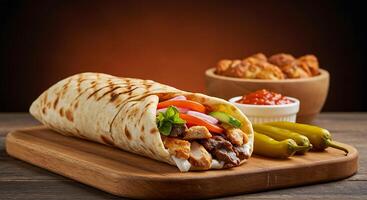 Juicy Chicken and Beef Shawarma Roll with Colorful Background photo